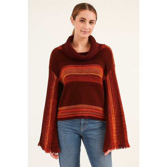 Free People SZ M Close To Me Pullover Cowel Neck Striped Sweater In Berry Boho - Picture 1 of 6